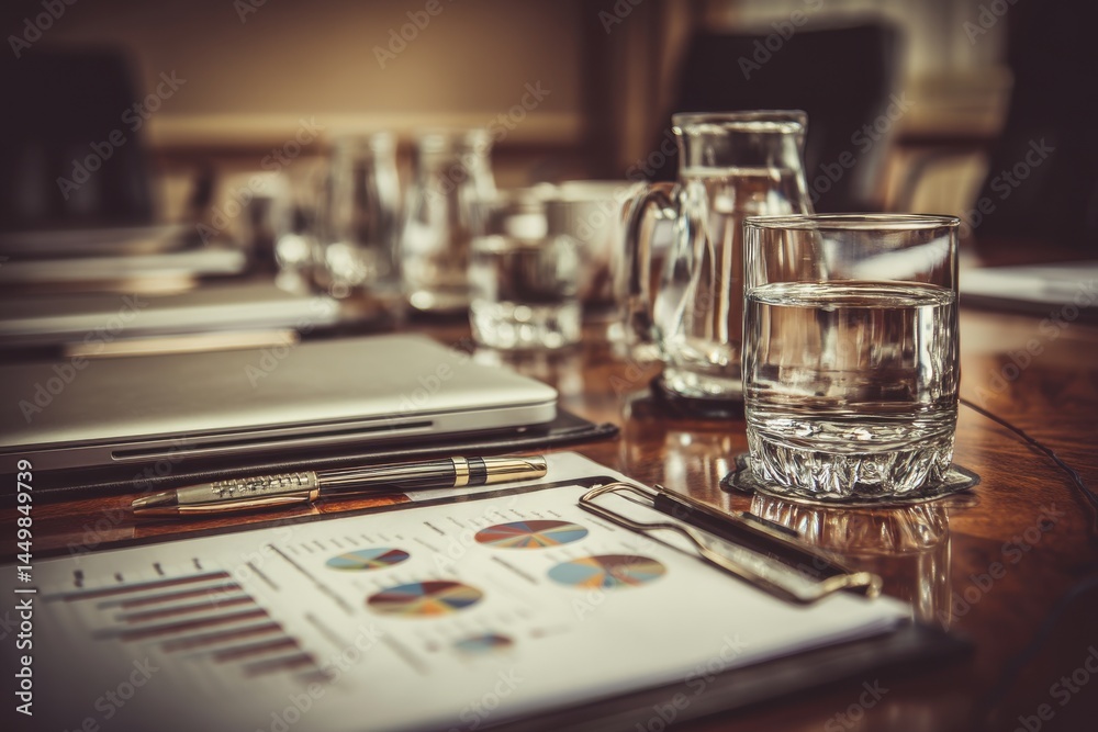 Close-up of a conference table setup with a laptop, financial charts, water, and pen, prepared for a business meeting in a professional setting. Close-up of a conference table setup with a laptop, financial charts, water, and pen, prepared for a business meeting in a professional setting.