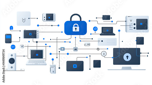 Connected devices secured with a central lock.  A network of various devices interconnected by lines, illustrating a secure connection