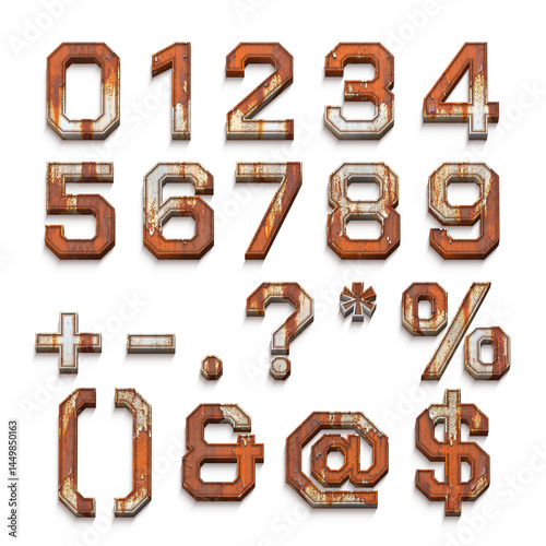 Rusty metal font set, with numbers and symbols. The numbers and symbols are rendered in a rusty, weathered style with white edging, adding a vintage and industrial feel
