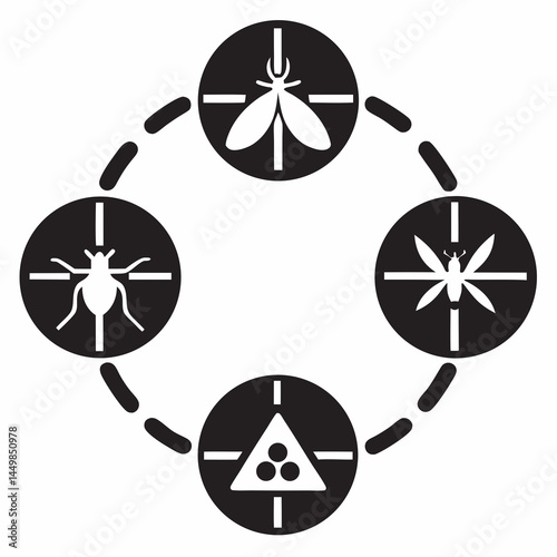 Pest control target fly mosquito flea and eggs in a circular graphic design with simple black and white icons