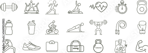 Line art icons depicting fitness activities and equipment on a white background in a simple style