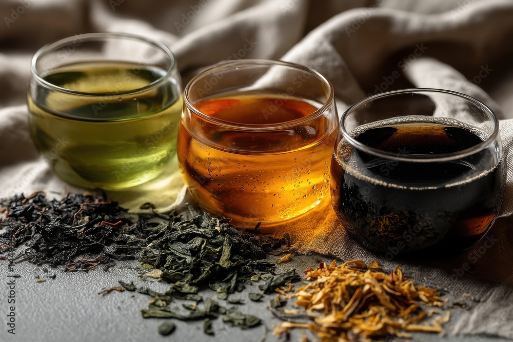 Fototapeta premium Three glasses filled with assorted teas including green, oolong, and black tea, placed on a stone surface with loose tea leaves and a linen cloth backdrop.