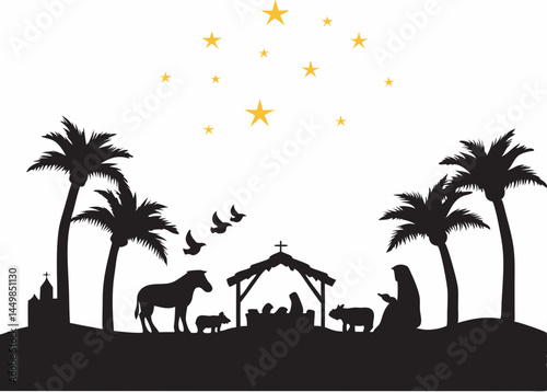 Tropical Nativity Scene Silhouette of the Holy Family under palm trees and a starry night simple black and white