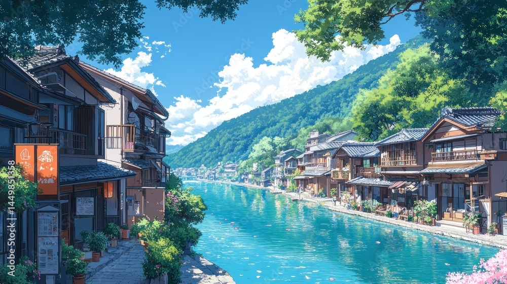 Naklejka premium Tranquil river town in anime style, showcasing traditional Japanese architecture