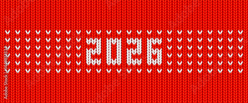 Red winter background with white 2026 knit pattern. Wool fabric banner for Happy New Year and Christmas holidays. Nordic knitting jumper with year number. 2026 embroidery on cloth, vector illustration