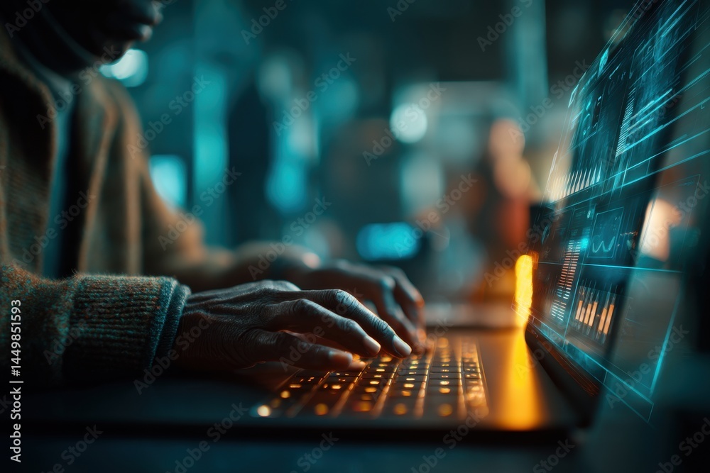 Close-up view of a person typing on a laptop with data visualization overlay, working late at night, in a dimly lit, high-tech, modern office environment. Close-up view of a person typing on a laptop with data visualization overlay, working late at night, in a dimly lit, high-tech, modern office environment.