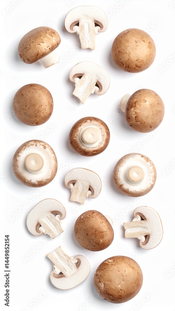 Whole and Sliced Button Mushrooms Scattered in Diagonal Layout on Isolated White Background Whole and Sliced Button Mushrooms Scattered in Diagonal Layout on Isolated White Background