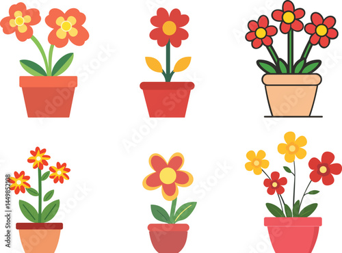 Six potted flowers with colorful blossoms present a vibrant and cheerful decorative collection on a transparent background