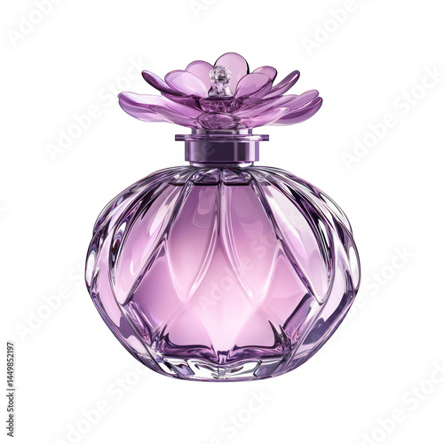 Elegant purple perfume bottle with flower shaped stopper on white background