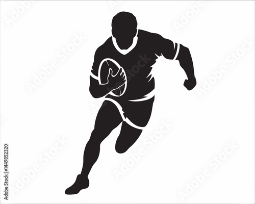 Powerful rugby player running with ball dynamic silhouette design bold black and white graphic intense action pose