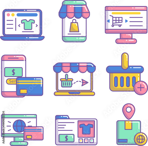 Online Shopping Icons Colorful Illustrations of E commerce Processes