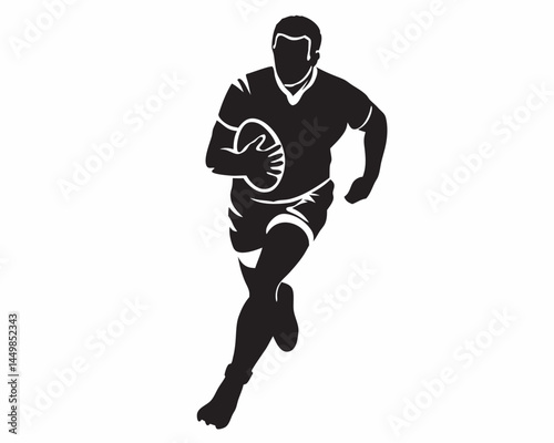 Powerful rugby player running with ball dynamic black and white silhouette strong athletic pose intense focus speed and