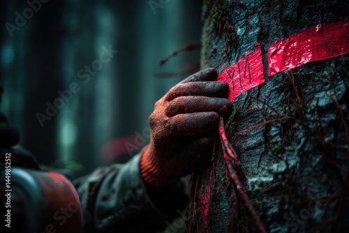 A forester marks a tree with red paint in a dense forest, a task of forest management and conservation. The paint indicates the trees marked for cutting or protection. photo