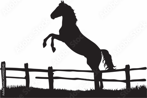 Majestic black horse silhouette leaping over a fence in a rural field stark black and white graphic simple country scene