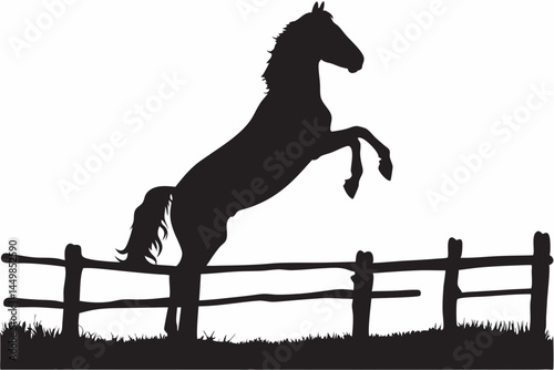 Majestic black horse silhouette leaping over a rustic wooden fence in a dramatic jump showcasing powerful equine energy