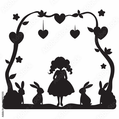 A sweet girl surrounded by bunnies under a heart shaped vine a whimsical black silhouette illustration with simple