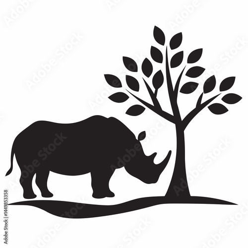 Majestic rhino silhouette peacefully grazing near a lush tree a stark black and white design simple elegant graphic