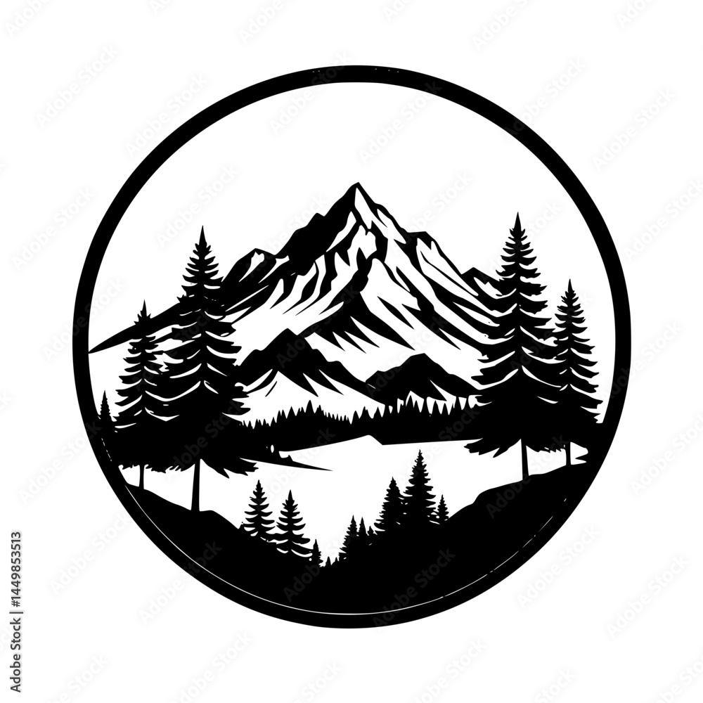 Obraz premium vector illustration of a mountain landscape round badge 