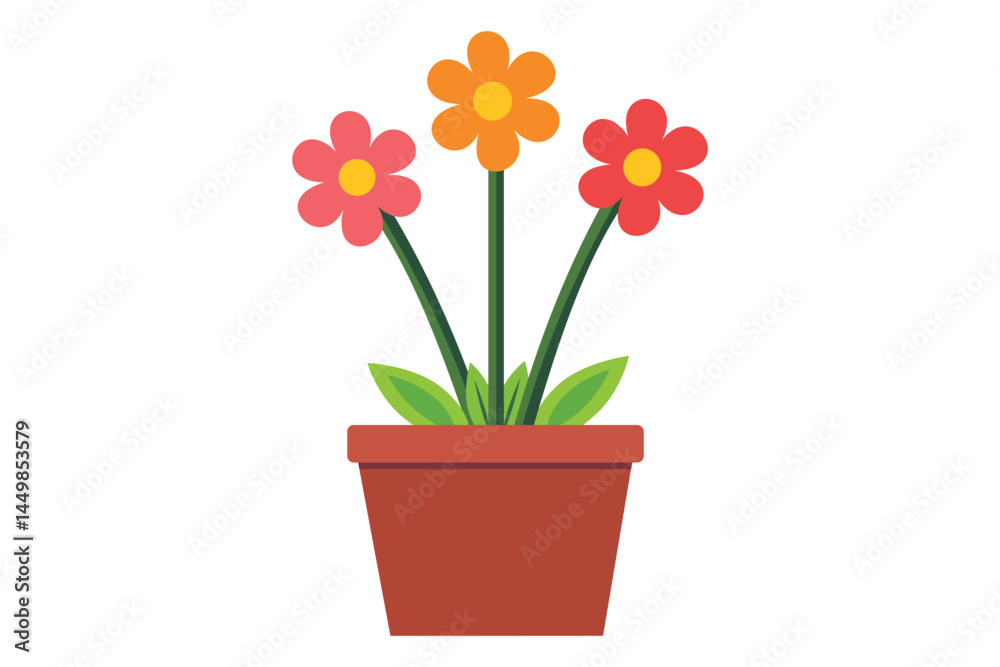 Three colorful flowers bloom in a brown pot with a transparent background present Three colorful flowers bloom in a brown pot with a transparent background present
