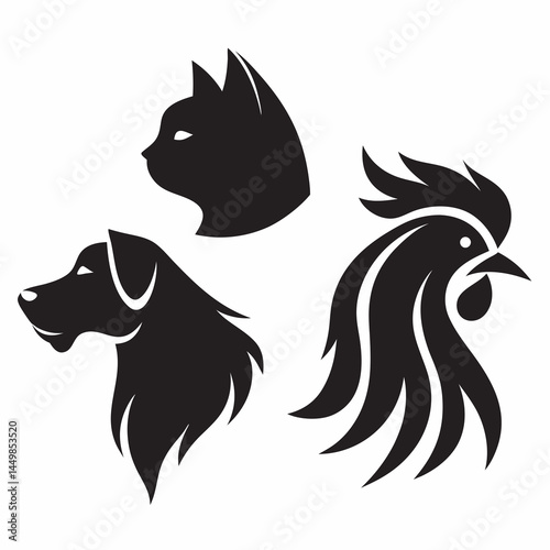 Elegant black silhouettes of a cat dog and rooster heads perfect for logo design or pet related projects Simple stylish