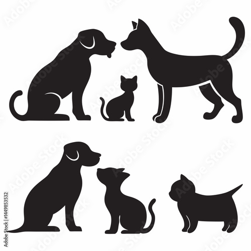 Adorable dog and cat silhouettes a charming collection of playful pets in simple black and white vector art design