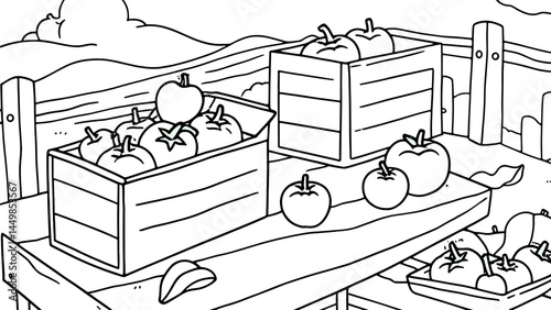 Outline drawing of wooden crates filled with apples on a table with a scenic background of hills and clouds