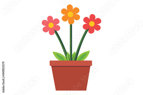 Three colorful flowers bloom in a brown pot with a transparent background present