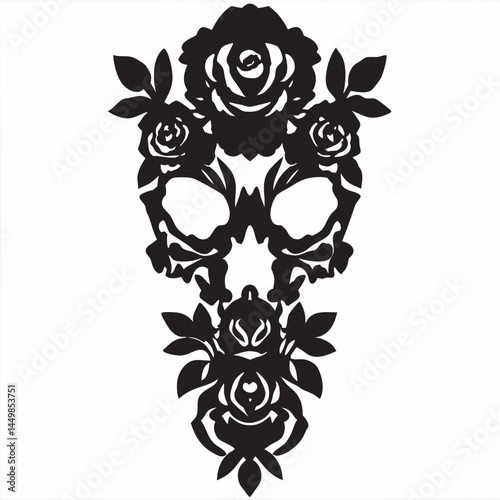 Elegant skull adorned with roses a striking black and white illustration intricate detail symbolic artwork gothic style