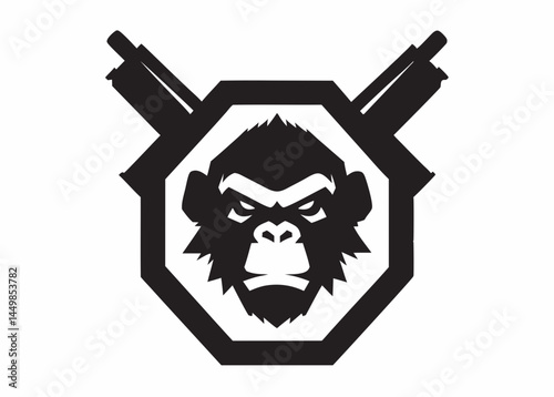 Powerful gorilla logo design with crossed rifles inside octagon shape bold black and white graphic strong impactful photo