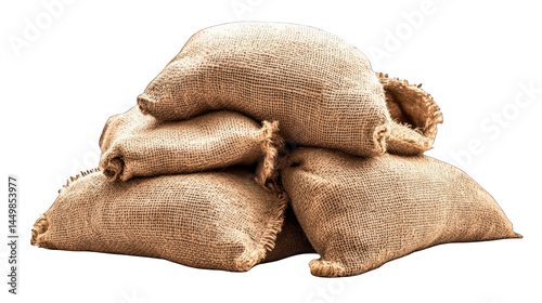 Pile of burlap sacks isolated on white background showing texture and roughness