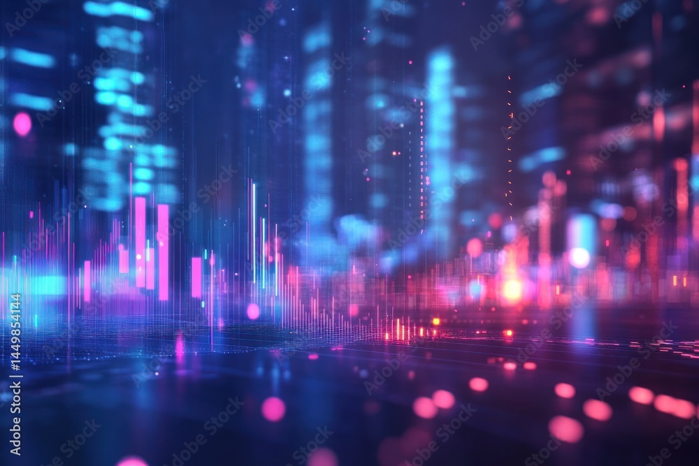 glowing stock market graph overlaying futuristic cityscape with neon lights and digital data elements. financial analysis and technology. business presentation and fintech background design glowing stock market graph overlaying futuristic cityscape with neon lights and digital data elements. financial analysis and technology. business presentation and fintech background design