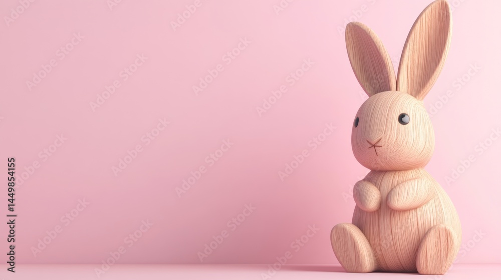 Fototapeta premium Cute wooden Easter bunny figurine on pink background
