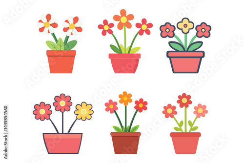 Various colorful flowers blossom in terracotta pots, each presented against a transparent background