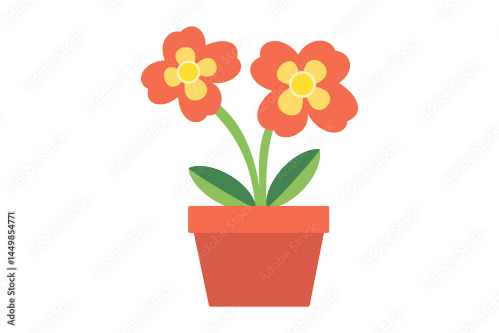 Two vibrant orange flowers bloom gracefully within a terracotta pot on a plain background Two vibrant orange flowers bloom gracefully within a terracotta pot on a plain background