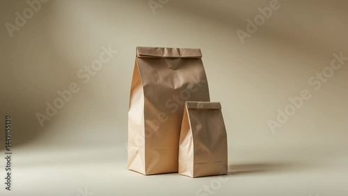 Mockup of pouch bags on a neutral monochrome background. Blank packaging template for merchandise with space for food snack delivery demonstration.