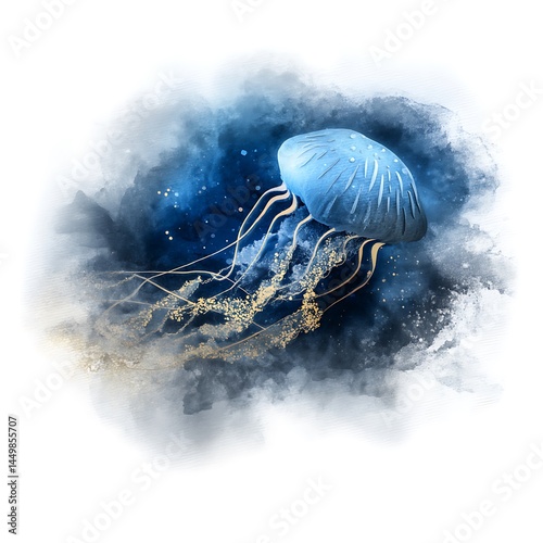 Wallpaper Mural Elegant Blue Jellyfish in Watercolor Style, Aquatic Ocean Life Illustration. Torontodigital.ca