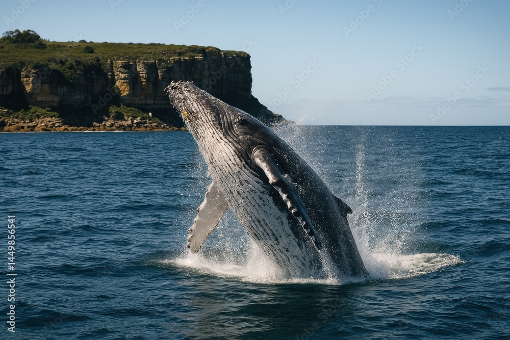 Fototapeta premium Majestic whale breaching ocean.