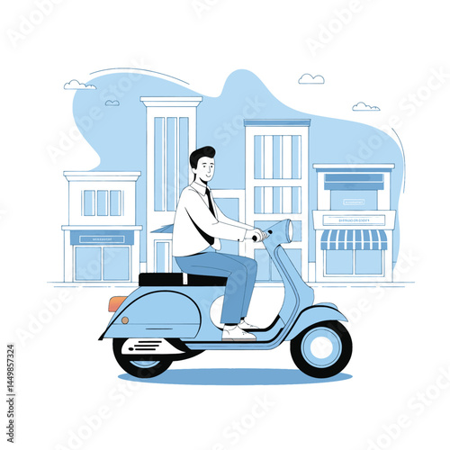Businessman going to work by scooter motorcycle flat illustration on city background