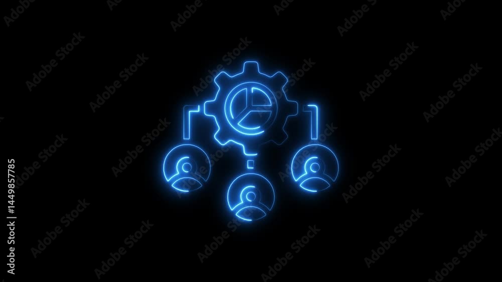 Animated neon gear connecting team members representing business collaboration concept Animated neon gear connecting team members representing business collaboration concept