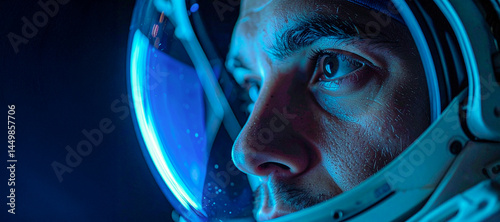 Cara de un hombre astronauta con un casco de traje espacial mirando a traves de la pantalla hacia el universo exterior azul