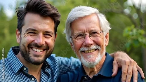 Adult hipster son and old senior father stay for work at home, two generations have a beard talking together, Happy Fathers Day Concept, Animation Motion Graphic Video 