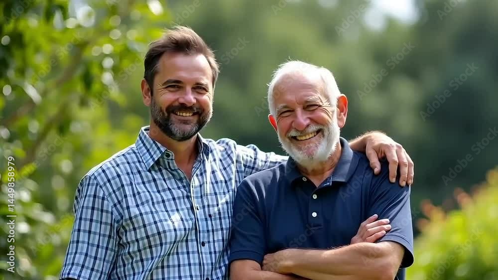 Adult hipster son and old senior father stay for work at home, two generations have a beard talking together, Happy Fathers Day Concept, Animation Motion Graphic Video 