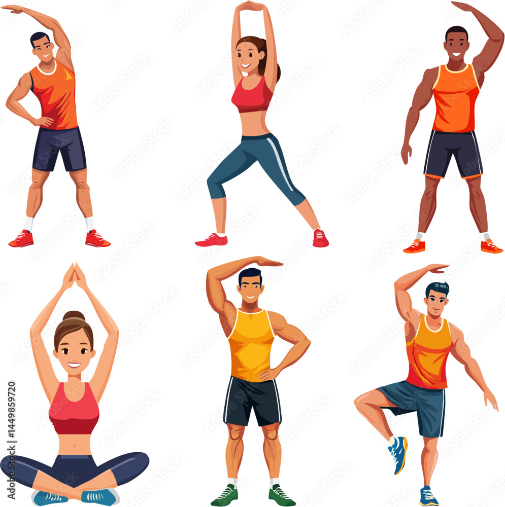 Conjunto de atletas y deportistas jóvenes realizando ejercicios de calentamiento, con fondo transparente 01