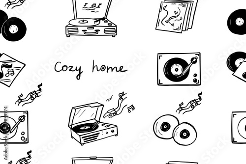 Cozy seamless pattern of vinyl records and record player. Cozy home, music, notes. Vector illustration for design, greeting card, interior design. Hand drawn. Isolated on white
