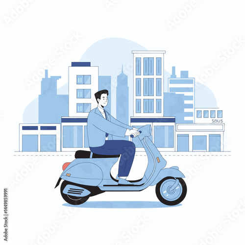 Businessman going to work by scooter motorcycle illustration design on city background
