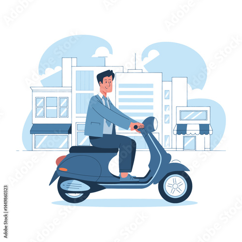 Businessman going to work by scooter motorcycle illustration flat on city background