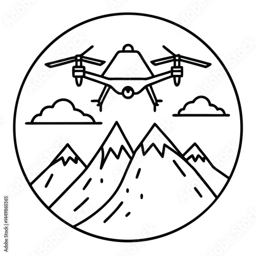 Drone Vector Silhouette Illustration Drone flying over mountains in landscape sketch