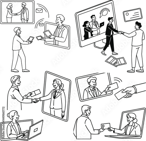 A funny cartoon illustration depicts a set of business people and office workers, including a talking woman and boy, in a comic vector style