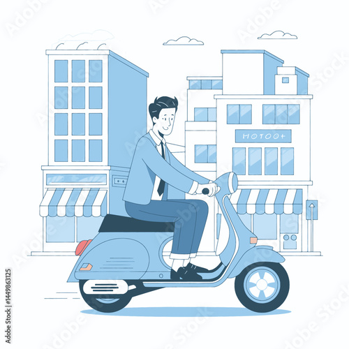 Businessman going to work by scooter motorcycle on city background design illustration