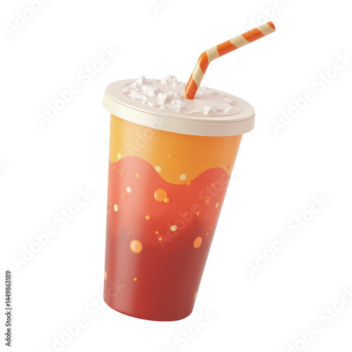 Floating Soft Drink Cup with Straw, Ice, and Soda Isolated on White 3D